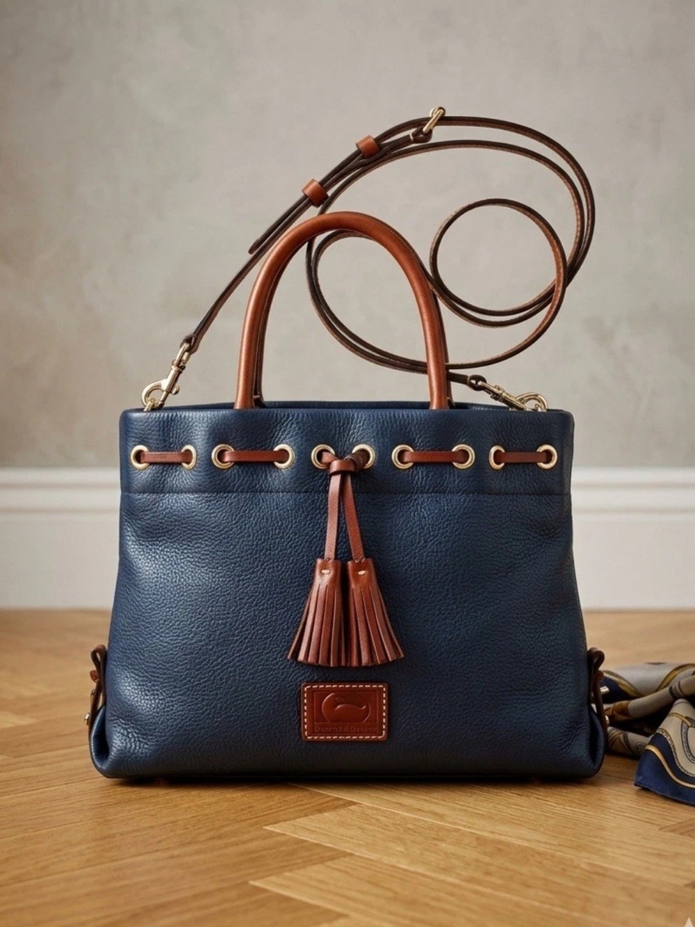 Dooney & Bourke Navy Pebble Grain Leather Tassel Tote Crossbody Bag
